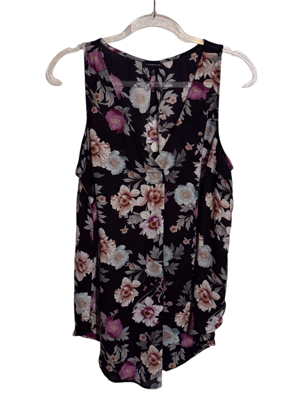 Torrid Size 0 Large Black Floral Sheer Tank Top Boho Sleeveless Whimsy V-Neck